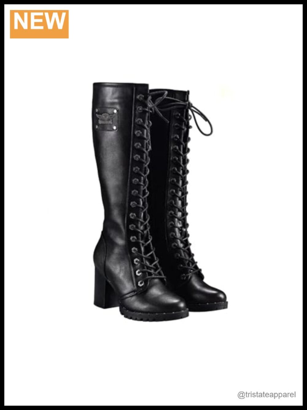 Faux Leather Knee High Lace Up Motorcycle Boots with Zipper Squared Heel for
